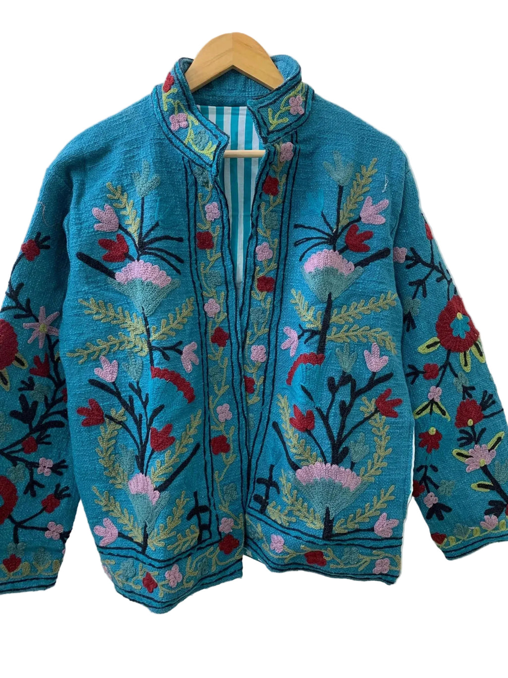Handmade Teal Blue TNT Suzani Jacket – Boho Lined Embroidered Coat - TNT25