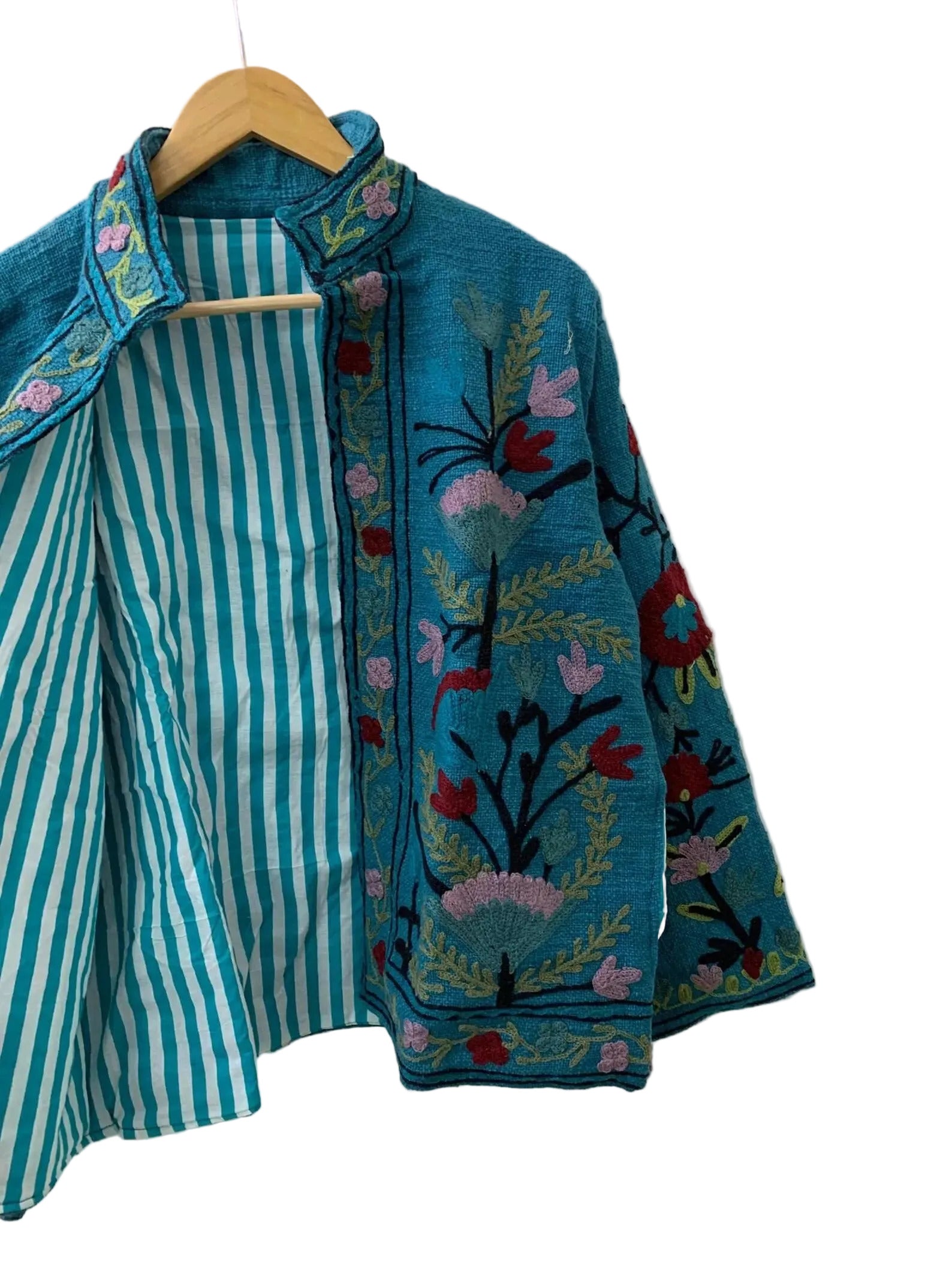 Handmade Teal Blue TNT Suzani Jacket – Boho Lined Embroidered Coat - TNT25
