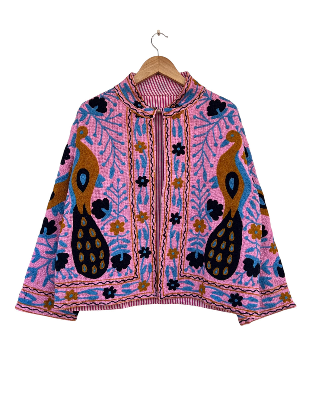Handgemachte leuchtend pinkfarbene Pfau TNT Suzani Jacke – Boho gefütterter bestickter Mantel-TNT12