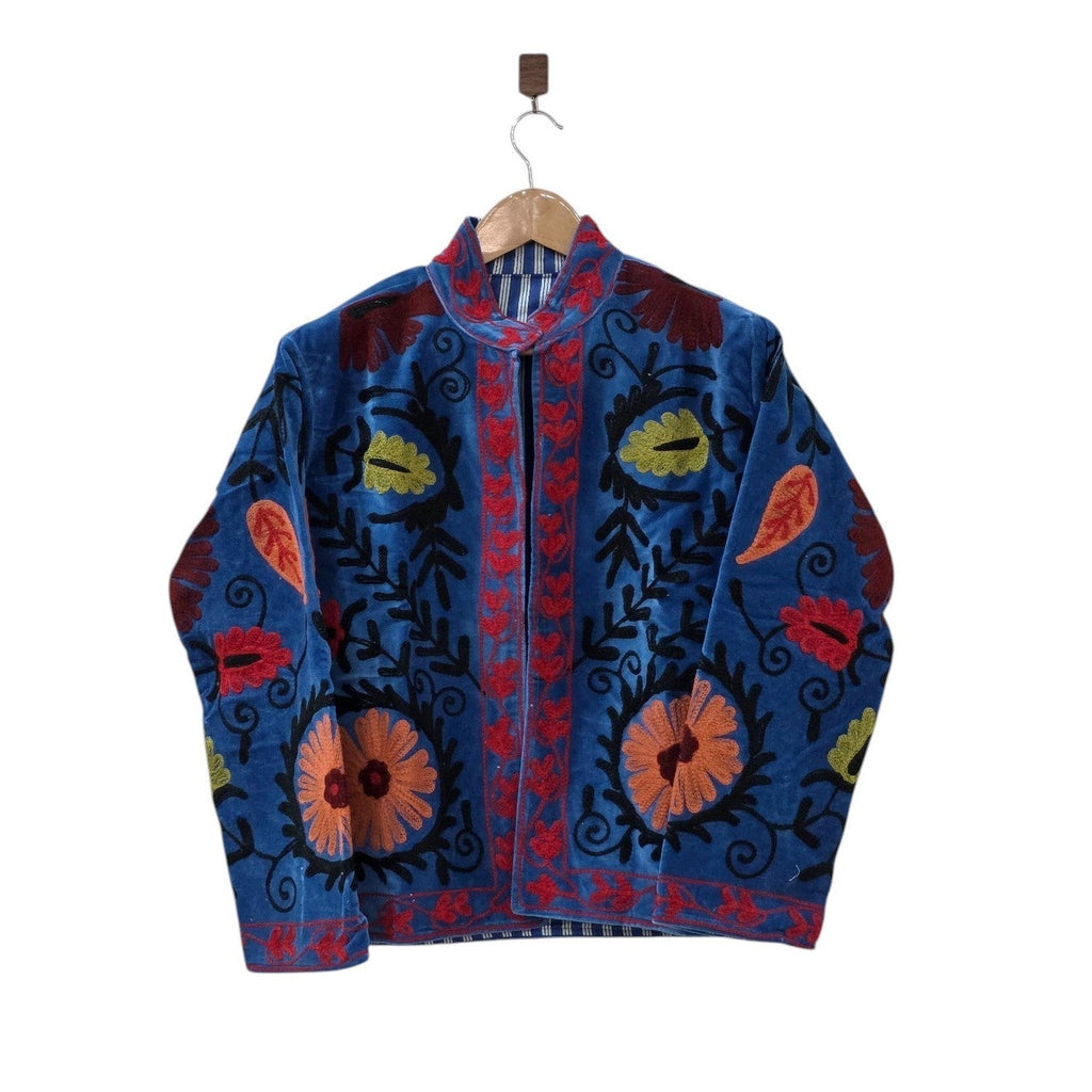 Handbestickte Samt Suzani Blaue Bomberjacke - VT10