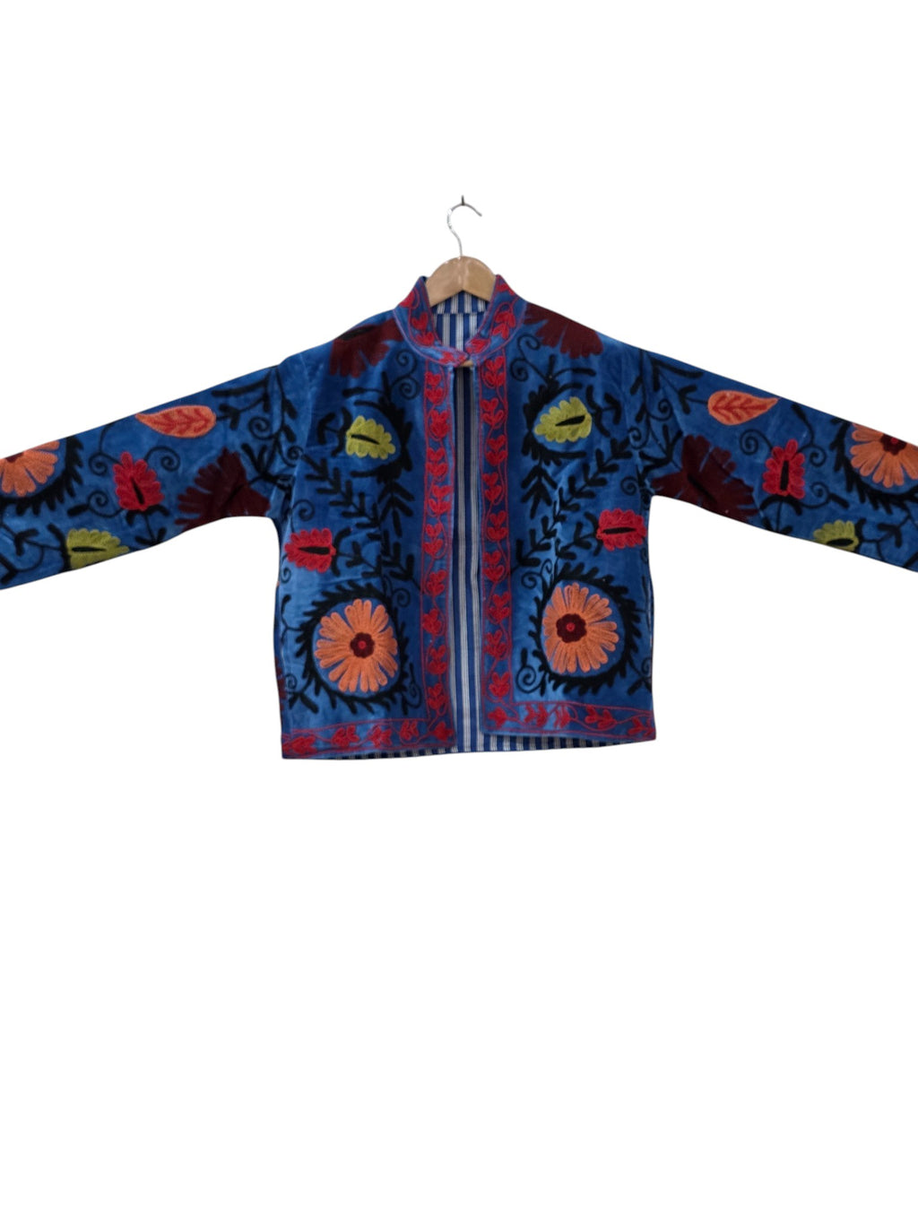 Handbestickte Samt Suzani Blaue Bomberjacke - VT10