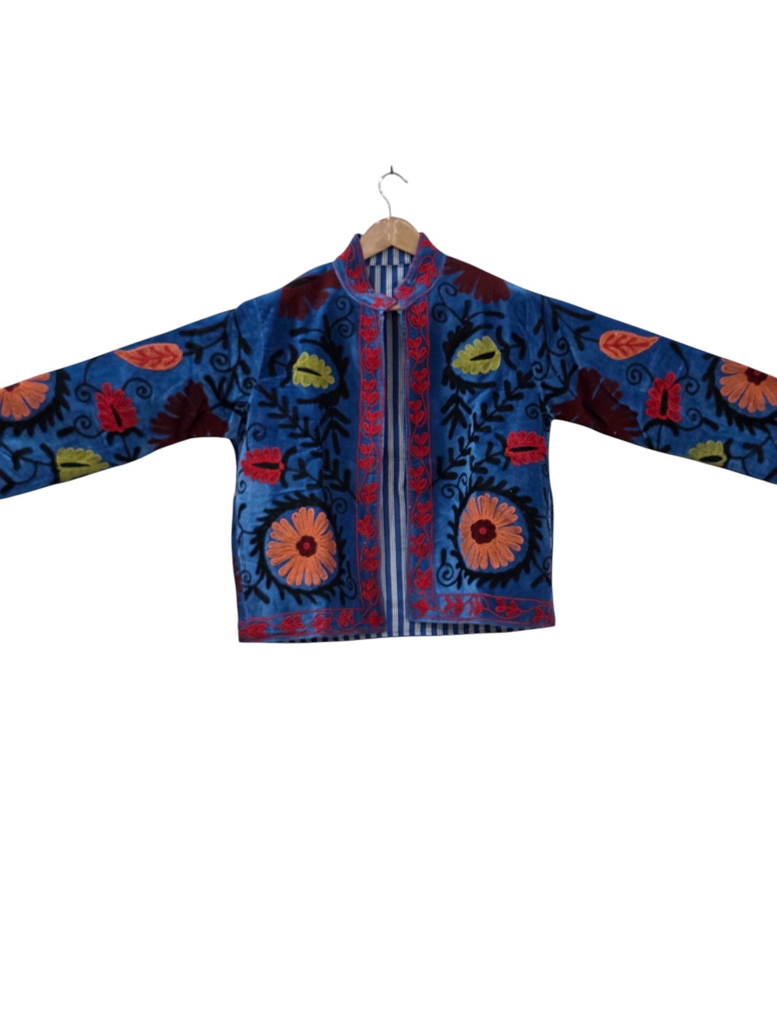 Handbestickte Samt Suzani Blaue Bomberjacke - VT10