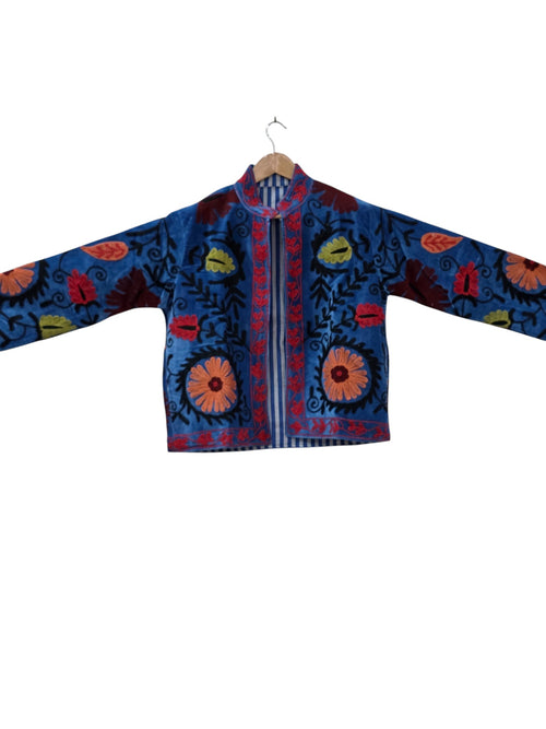 Hand Embroidered Velvet Suzani Blue Bomber Jacket - VT10