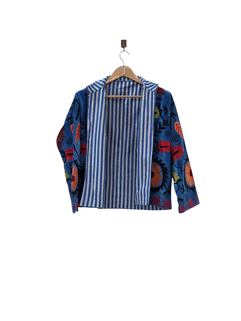 Handbestickte Samt Suzani Blaue Bomberjacke - VT10