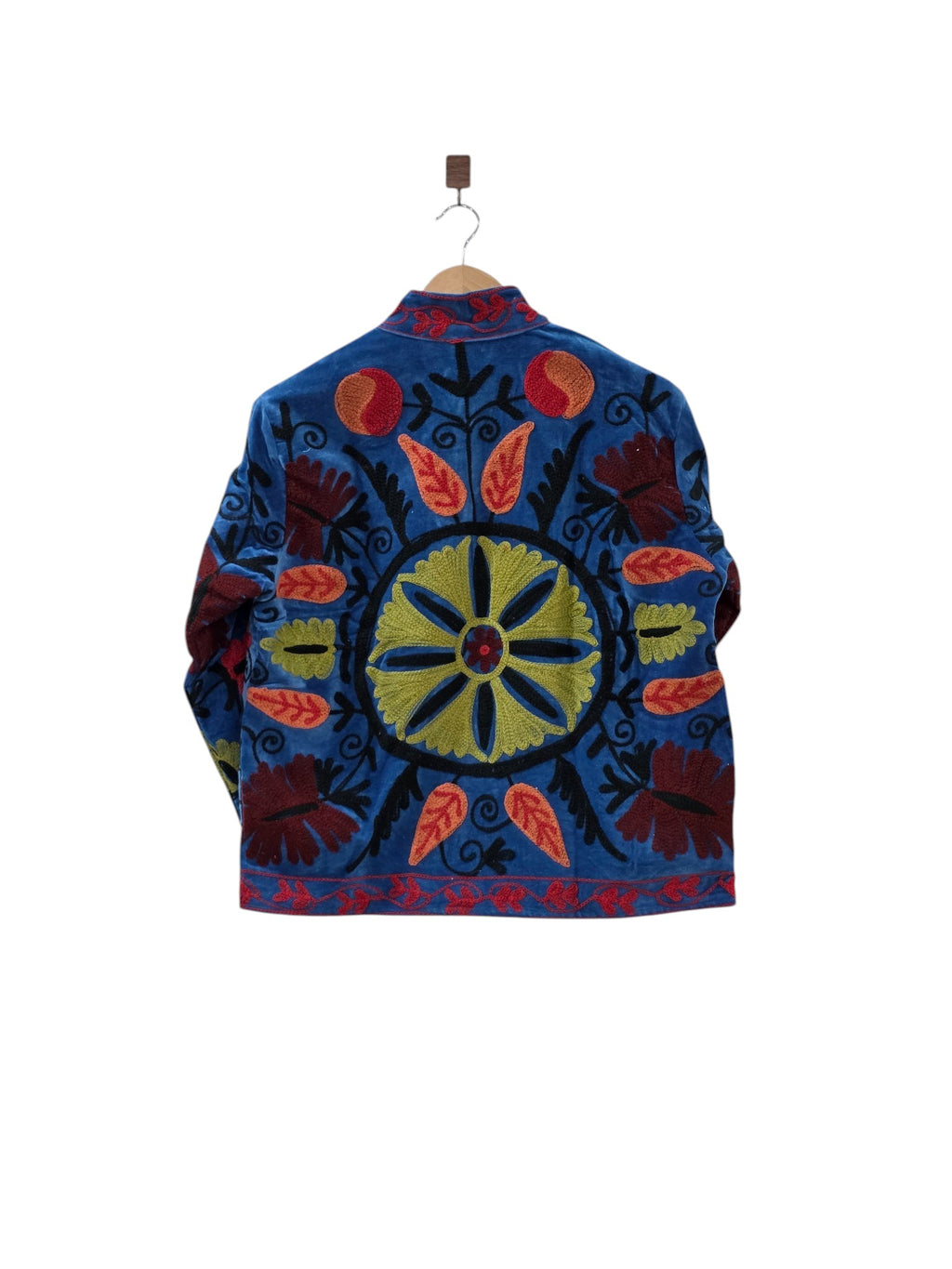 Handbestickte Samt Suzani Blaue Bomberjacke - VT10