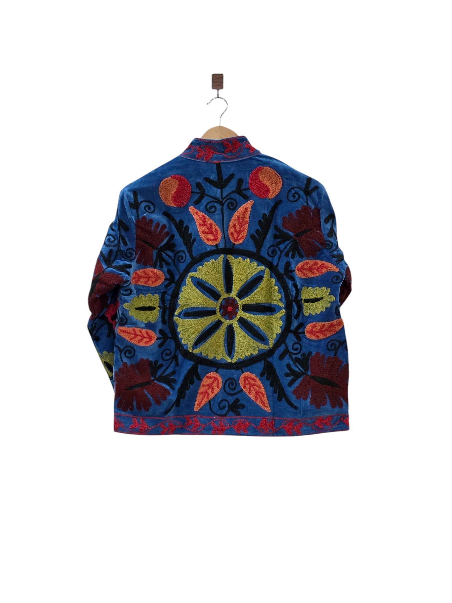 Handbestickte Samt Suzani Blaue Bomberjacke - VT10