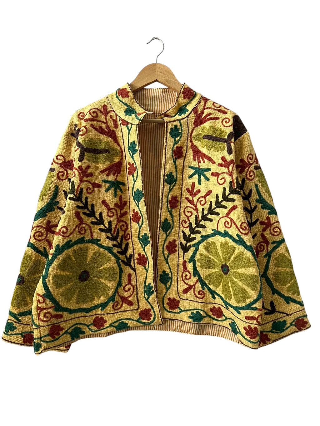 Handmade Mustard Yellow TNT Suzani Jacket – Boho Floral Embroidered Coat - TNT16