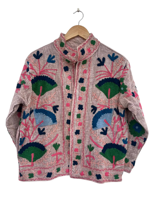 Artisan Pink Floral Embroidered Boho Jacket | TNT Jackets - TNT15