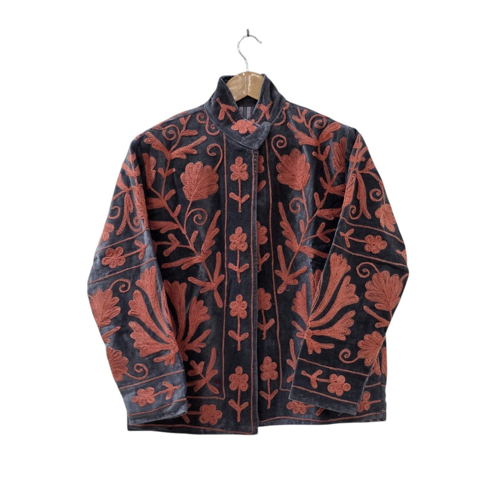 Black Handmade Velvet Suzani Embroidered Bomber Jacket - VT14