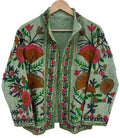 Front view of an open-style handmade sage green textured cotton TNT short jacket featuring vibrant pink and rust Suzani floral embroidery with dark green vines, isolated on a solid white background.