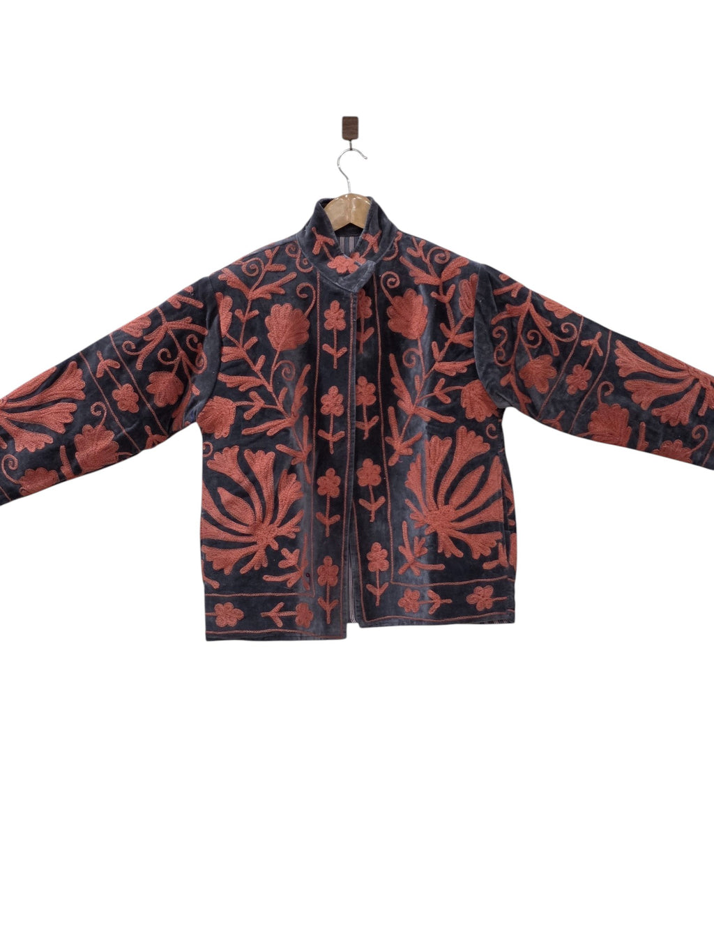 Black Handmade Velvet Suzani Embroidered Bomber Jacket - VT14