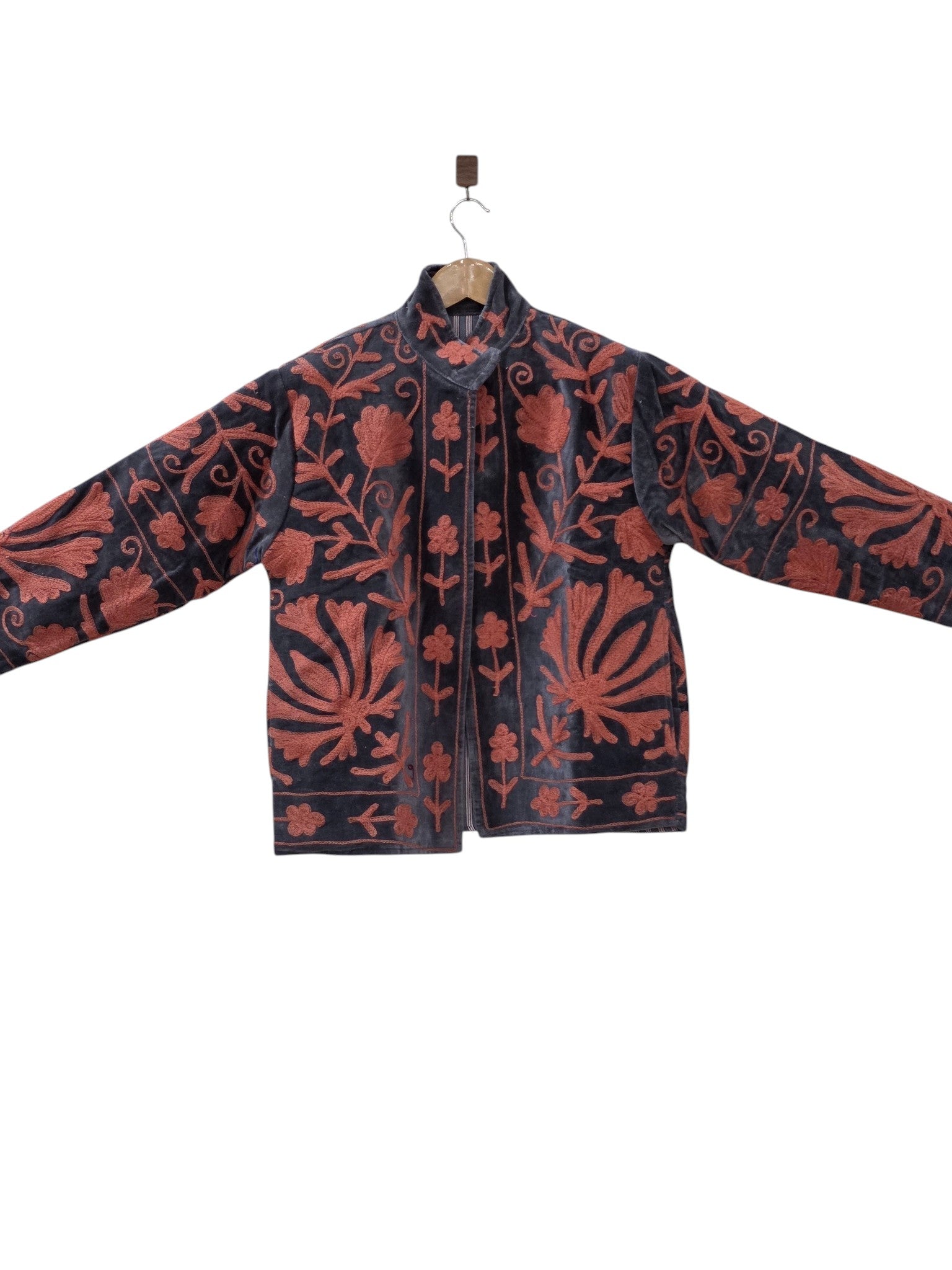 Black Handmade Velvet Suzani Embroidered Bomber Jacket - VT14