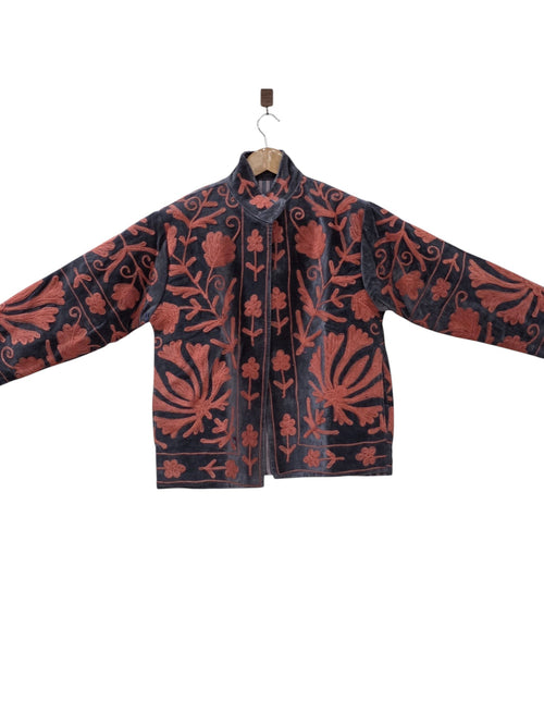 Black Handmade Velvet Suzani Embroidered Bomber Jacket - VT14