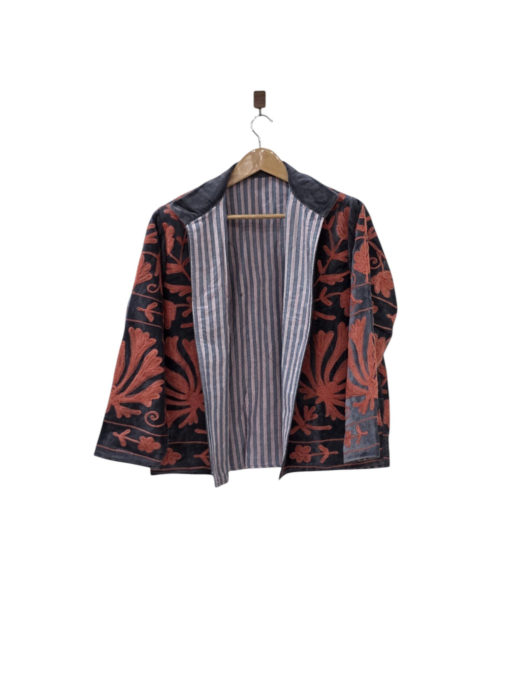 Black Handmade Velvet Suzani Embroidered Bomber Jacket - VT14
