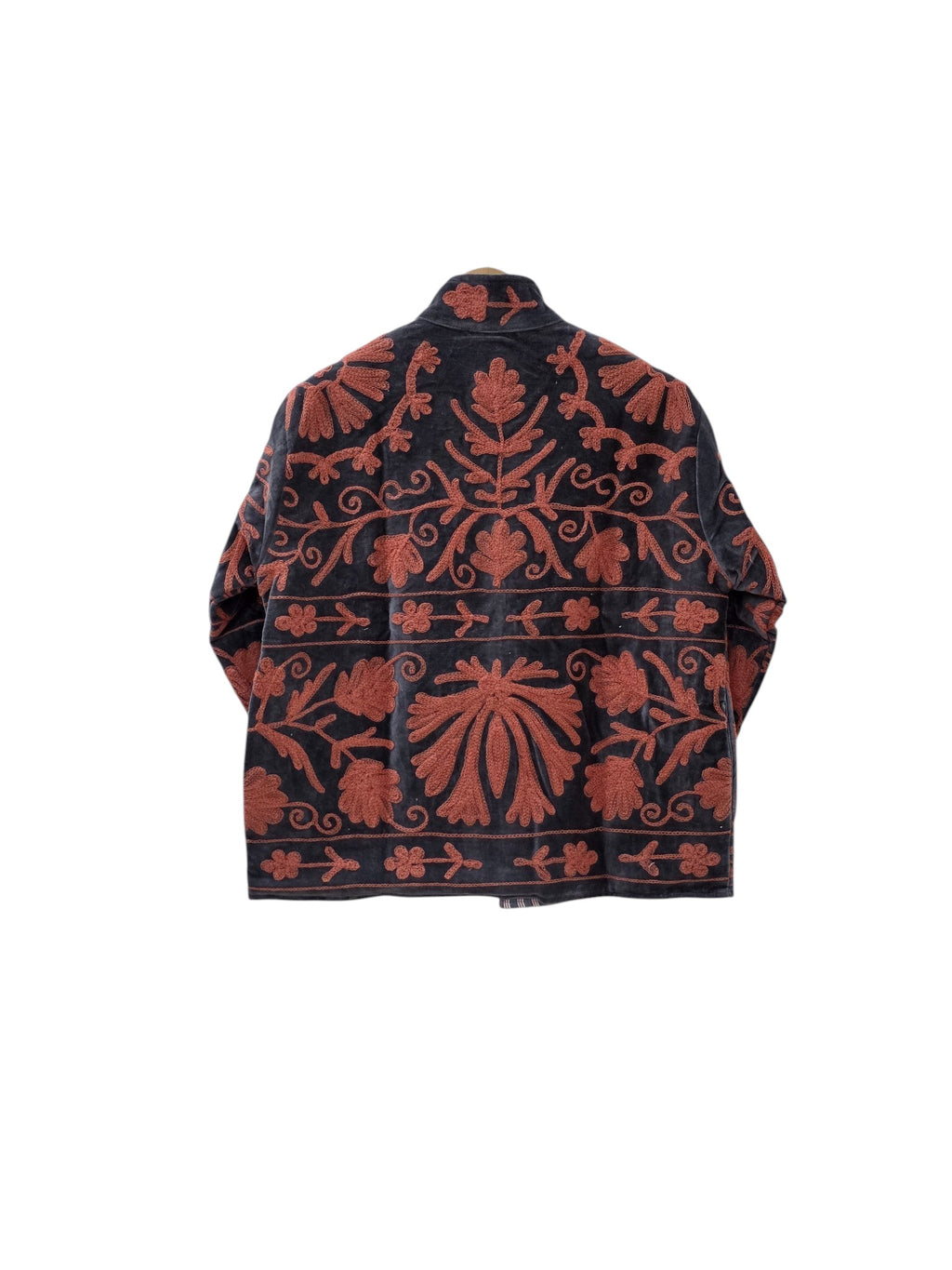 Black Handmade Velvet Suzani Embroidered Bomber Jacket - VT14