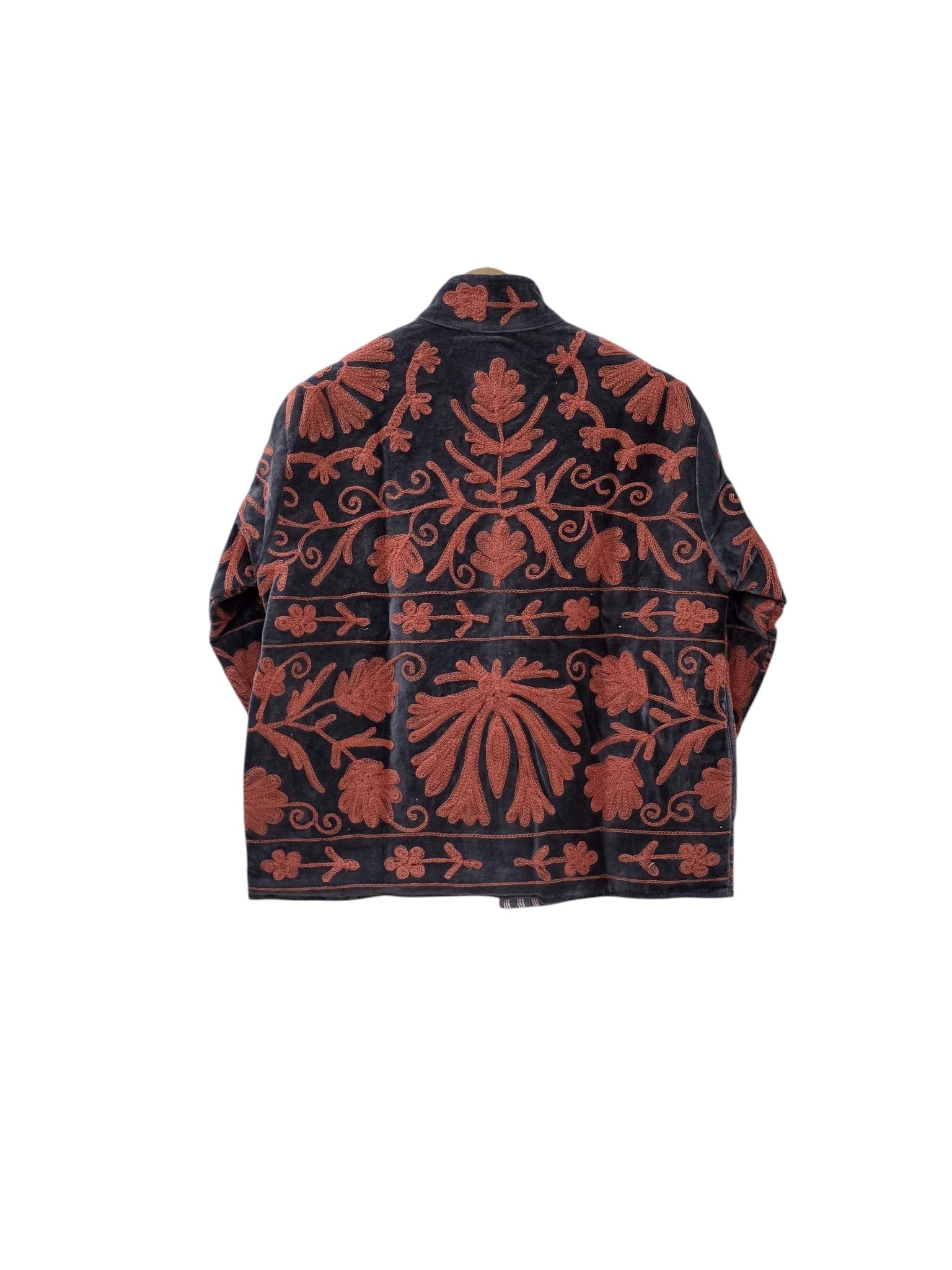 Black Handmade Velvet Suzani Embroidered Bomber Jacket - VT14