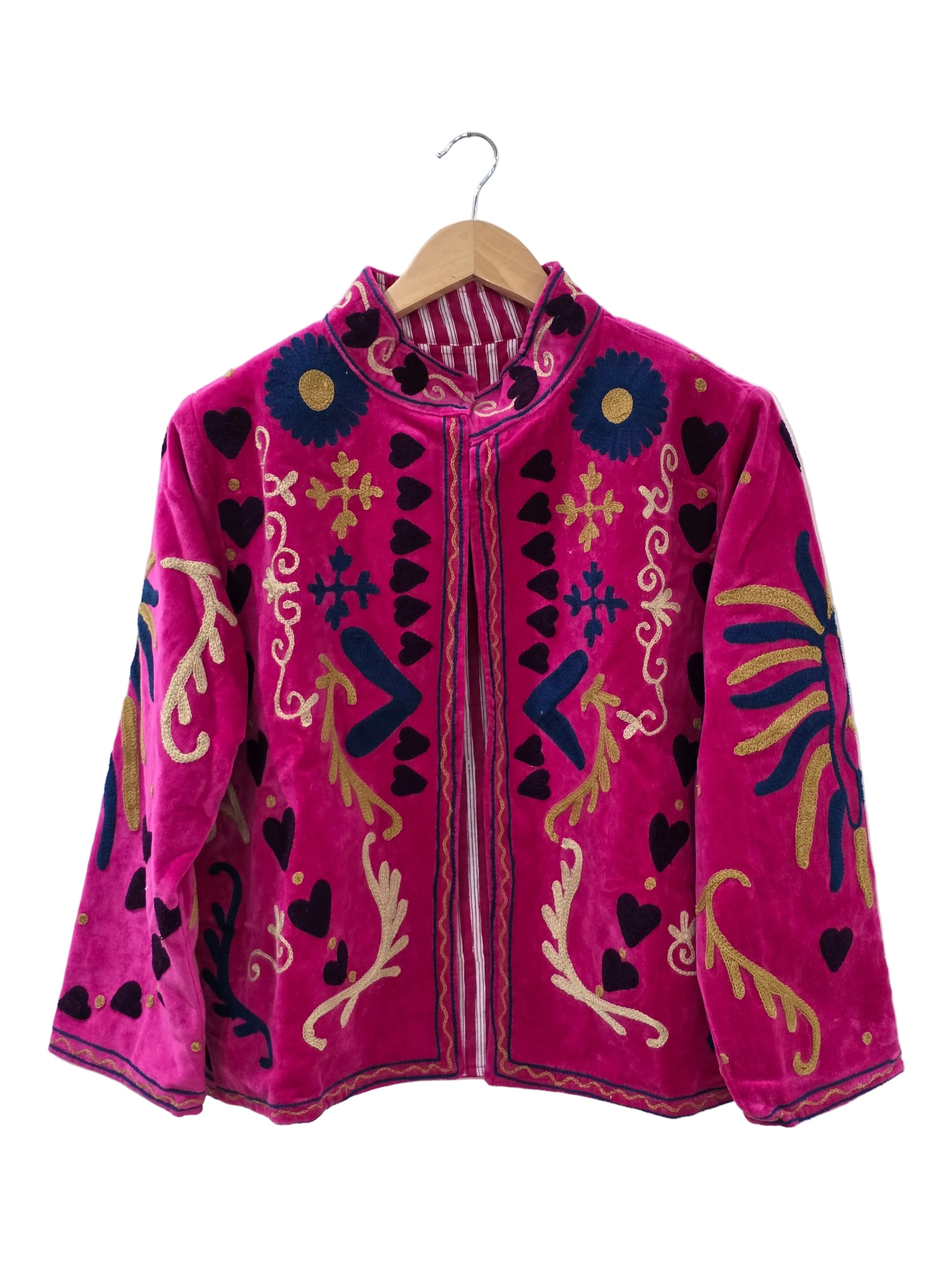 Handbestickte Suzani Jacke aus pinkfarbenem Samt mit Peace-Design - VT01
