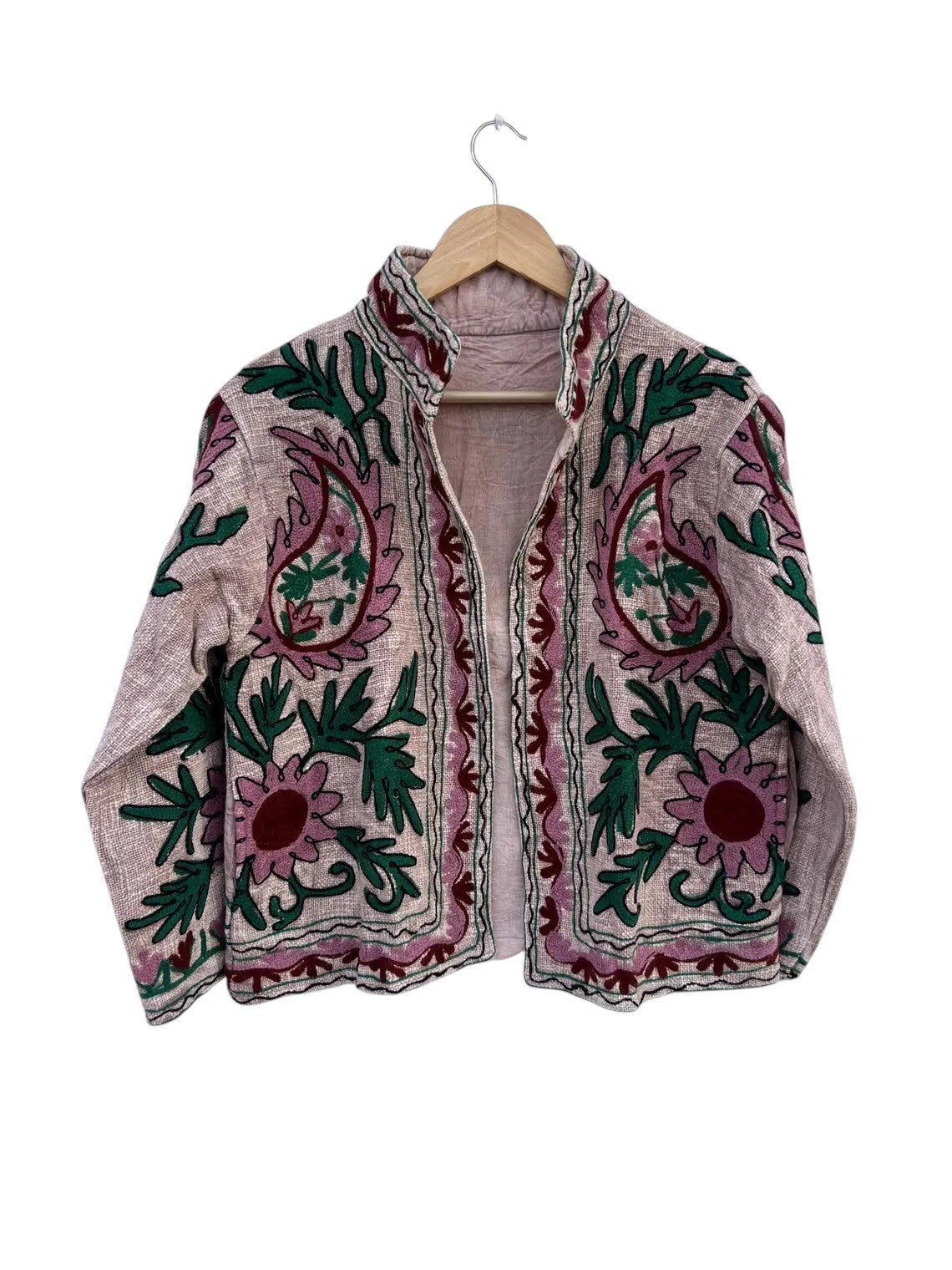 Naturbeige bestickte TNT-Jacke | Rosa florale Boho-Mantel - TNT02