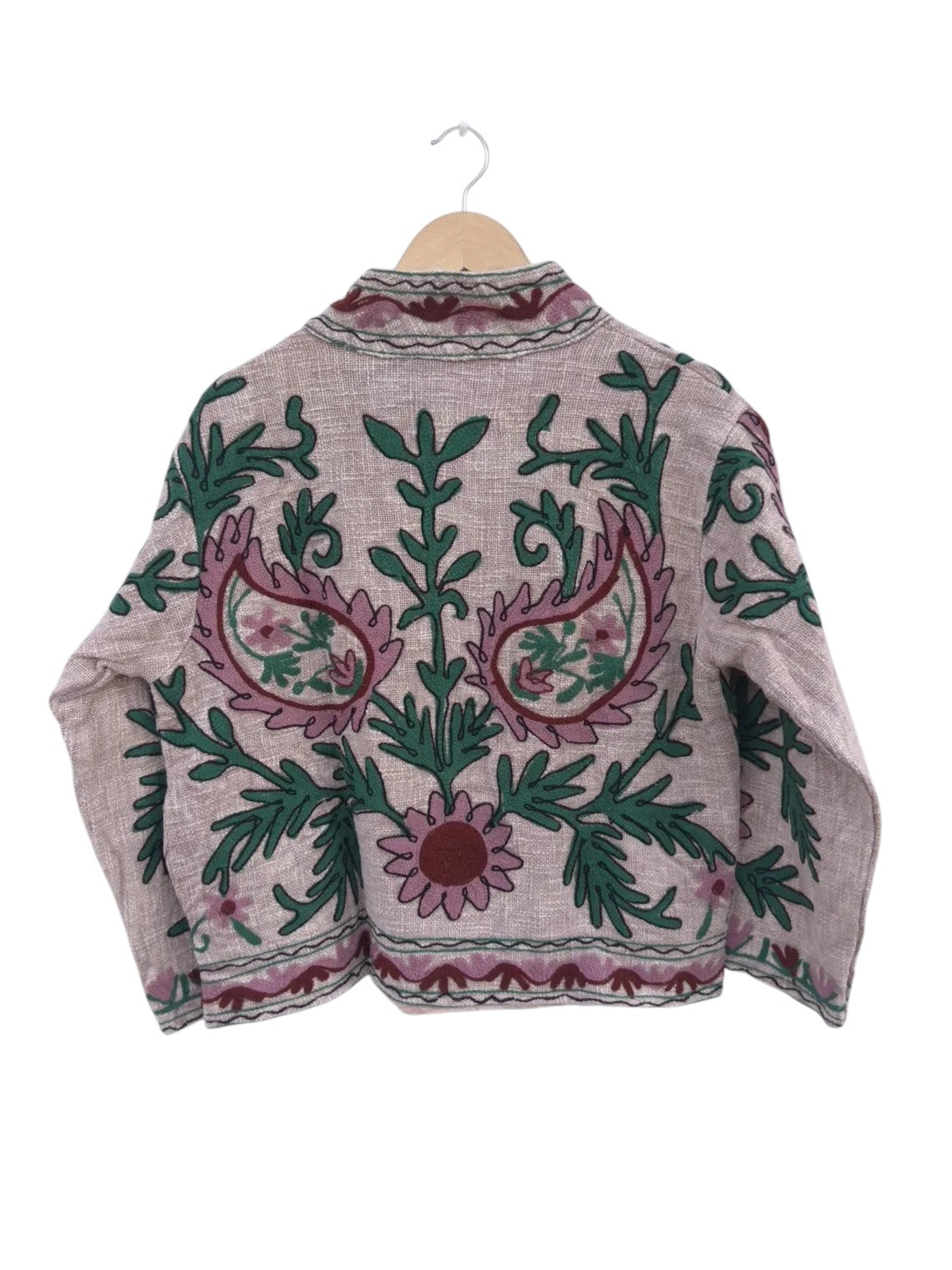 Naturbeige bestickte TNT-Jacke | Rosa florale Boho-Mantel - TNT02
