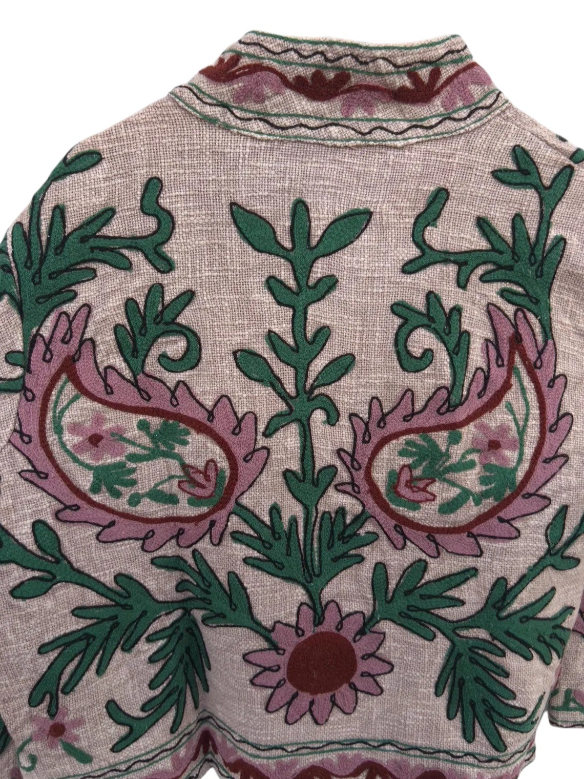 Naturbeige bestickte TNT-Jacke | Rosa florale Boho-Mantel - TNT02