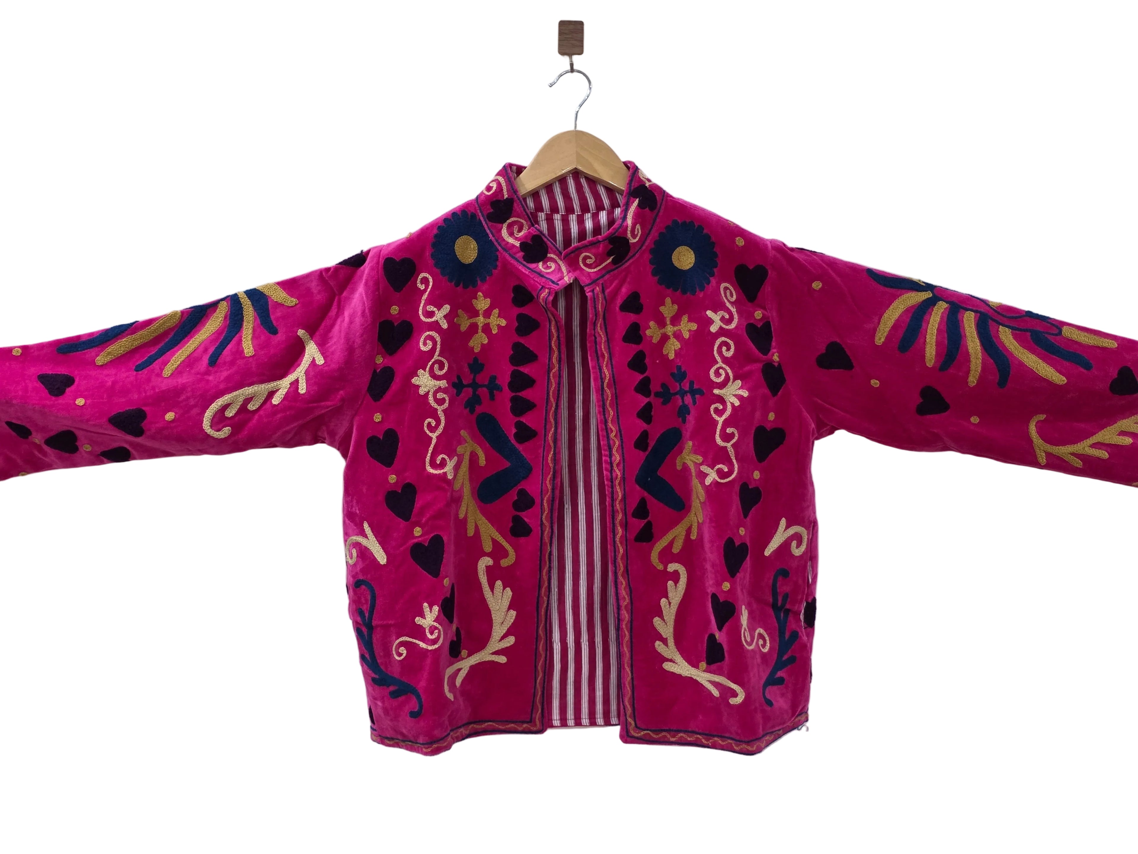 Handbestickte Suzani Jacke aus pinkfarbenem Samt mit Peace-Design - VT01