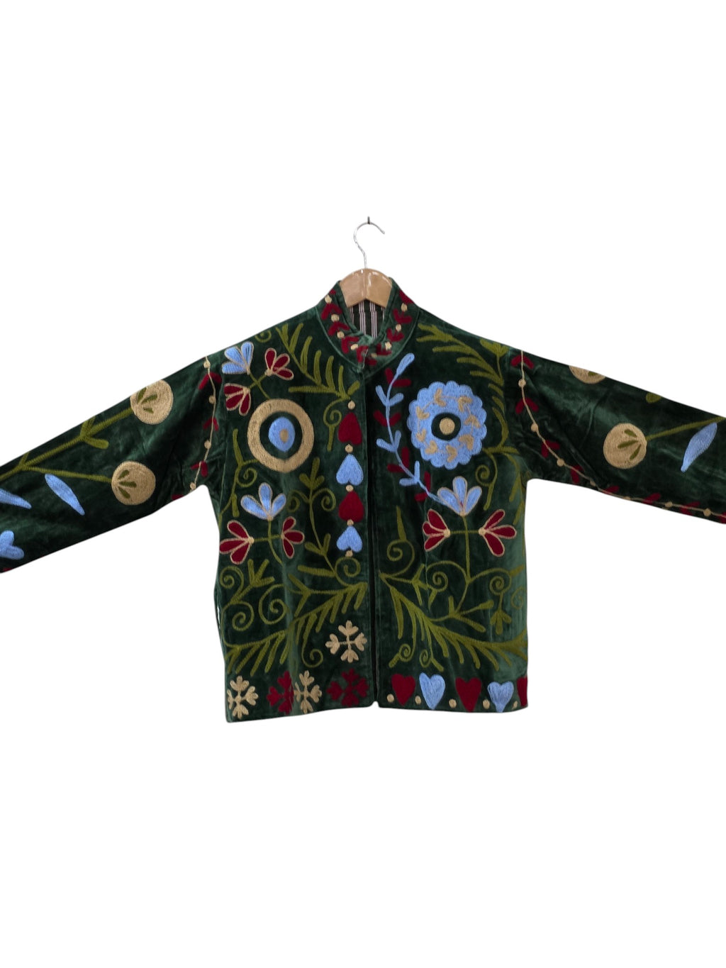 Suzani Unisex Samt Bohemian Bestickte Grüne Jacke - VT15
