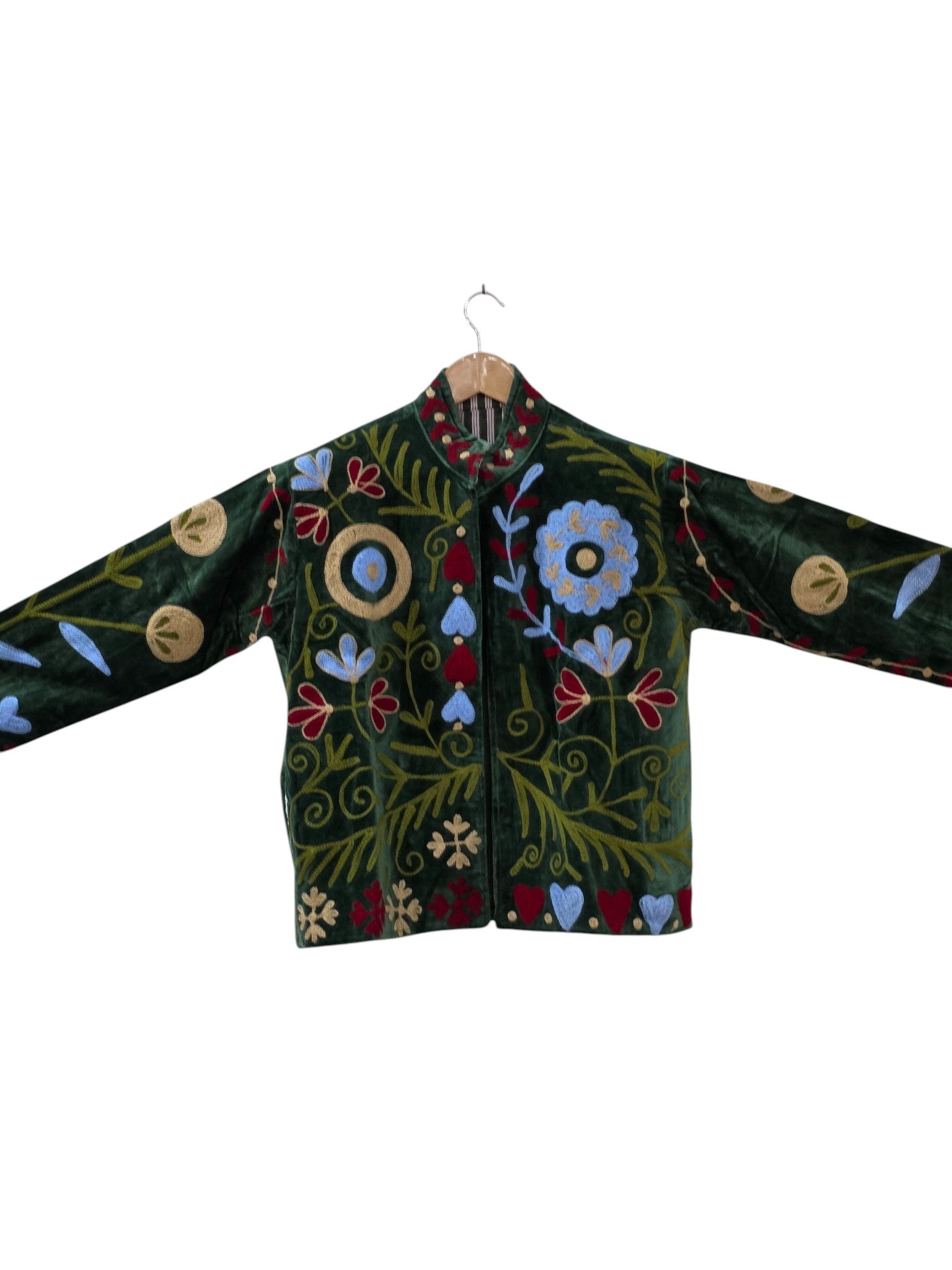 Suzani Unisex Samt Bohemian Bestickte Grüne Jacke - VT15