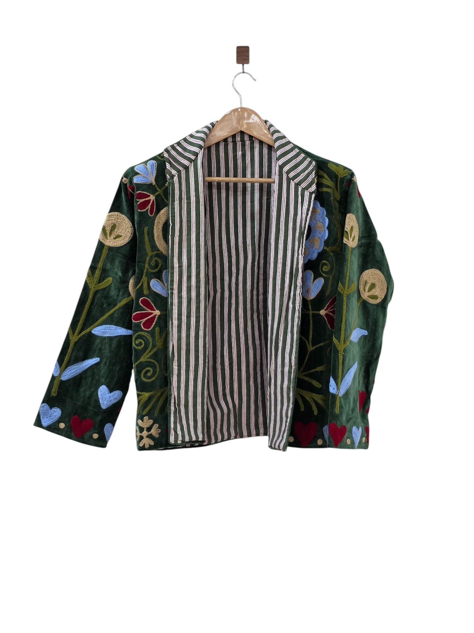Suzani Unisex Samt Bohemian Bestickte Grüne Jacke - VT15