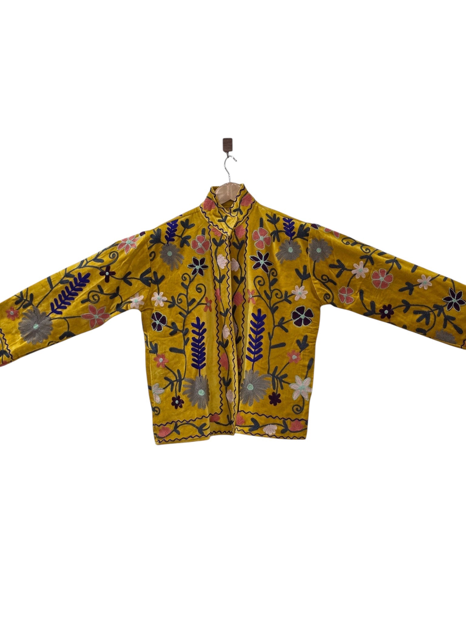 Suzani bestickte Blumenmuster gelbe Samtjacke - VT16