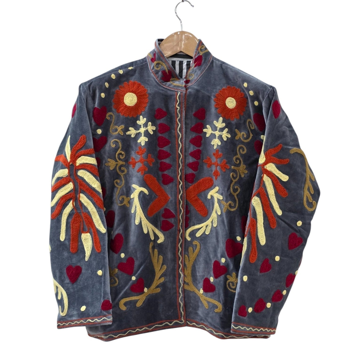 Charcoal Black Peace Design Embroidered Suzani Velvet Jacket - VT18