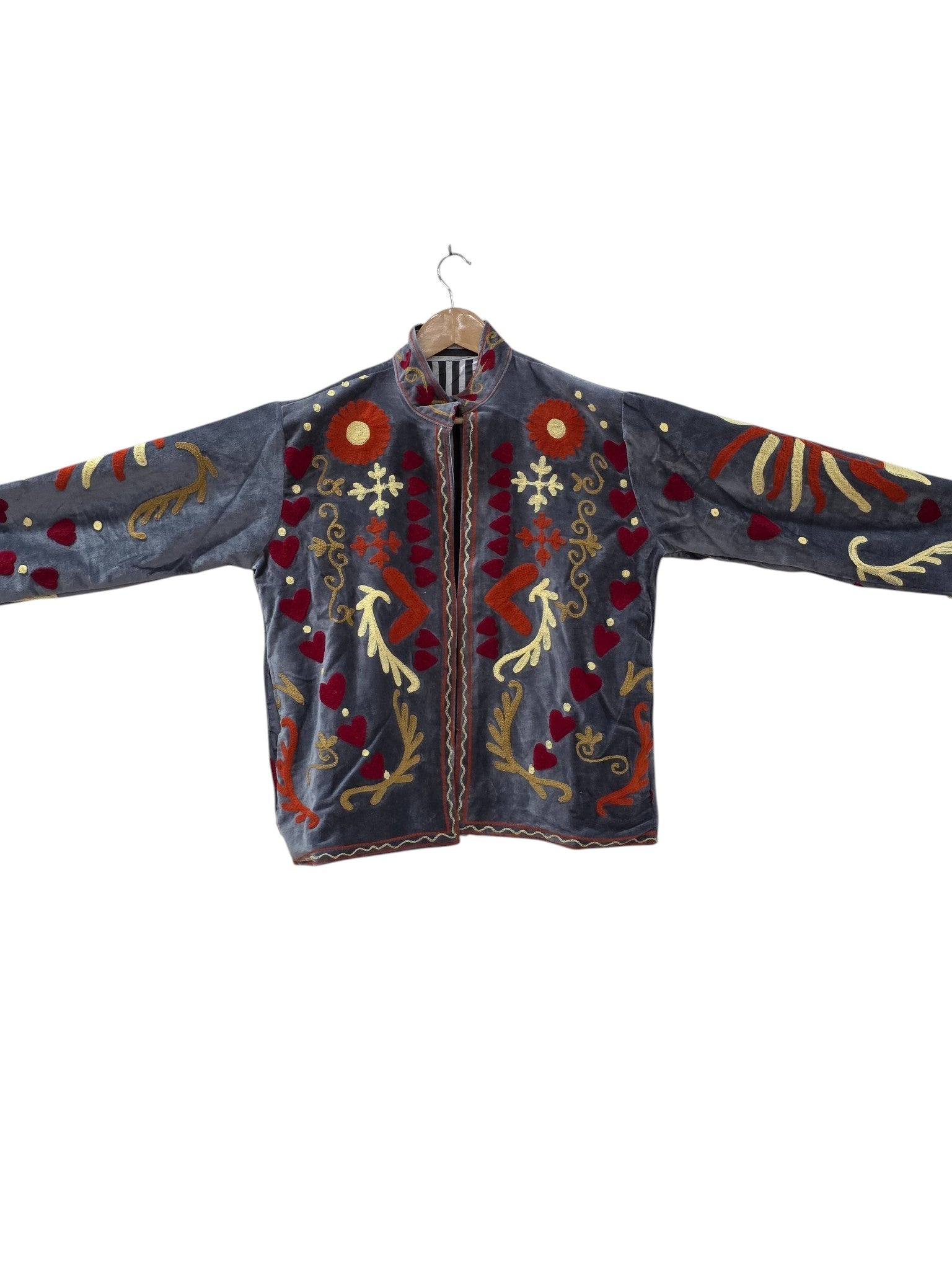 Charcoal Black Peace Design Embroidered Suzani Velvet Jacket - VT18