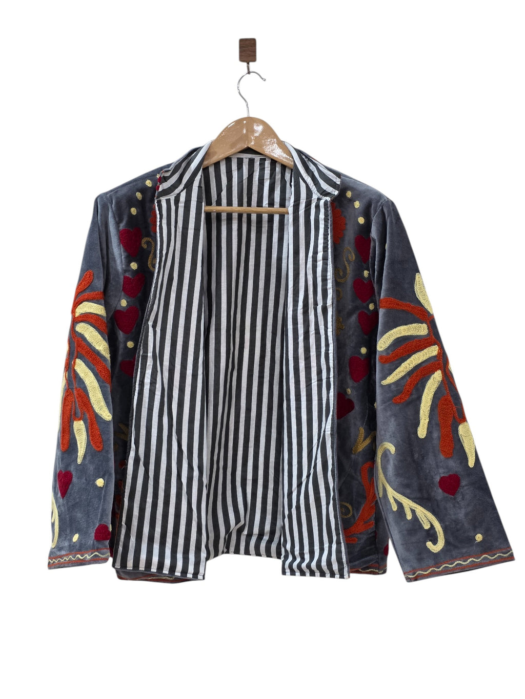 Charcoal Black Peace Design Embroidered Suzani Velvet Jacket - VT18