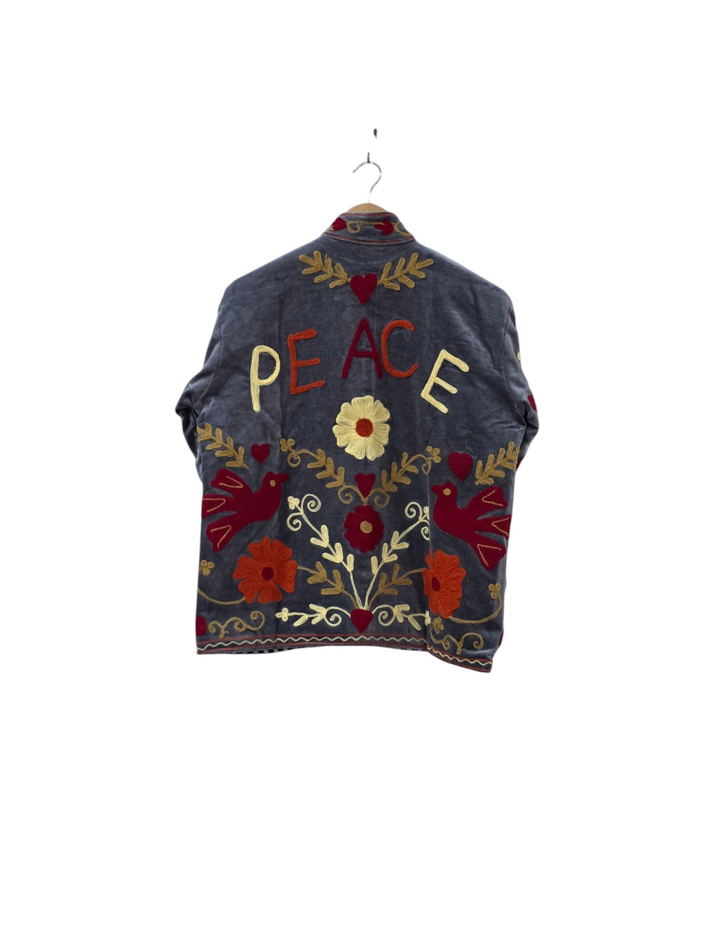 Charcoal Black Peace Design Embroidered Suzani Velvet Jacket - VT18