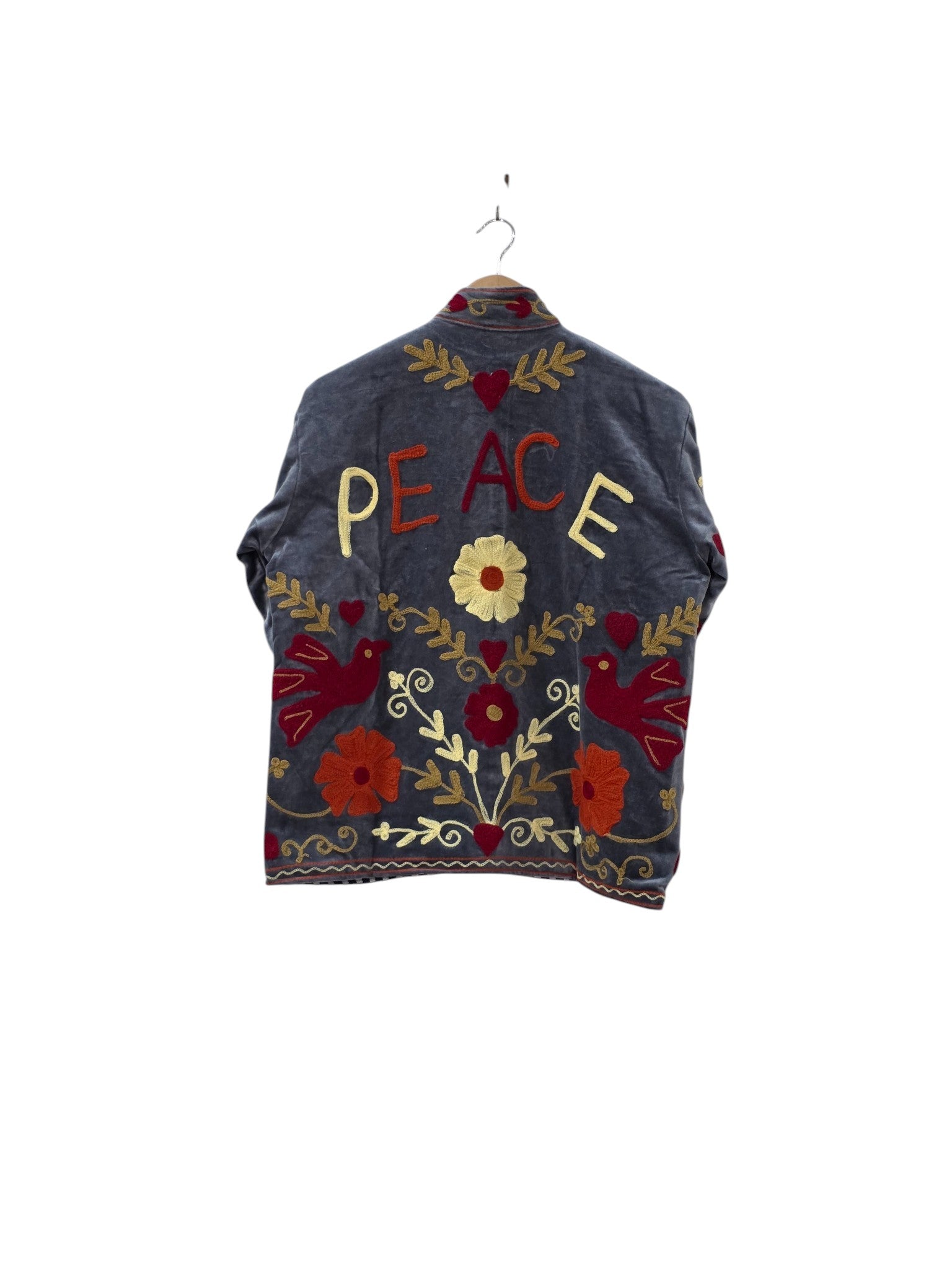 Charcoal Black Peace Design Embroidered Suzani Velvet Jacket - VT18