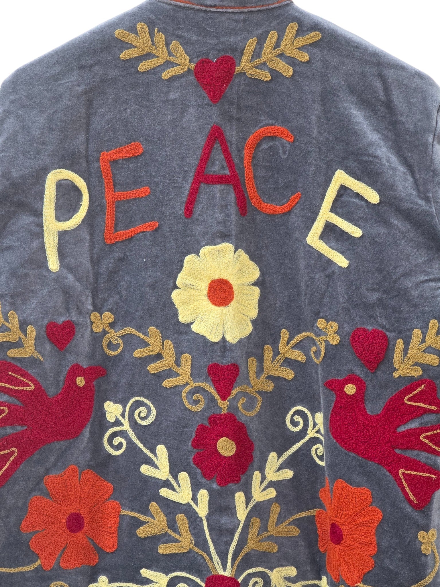 Charcoal Black Peace Design Embroidered Suzani Velvet Jacket - VT18