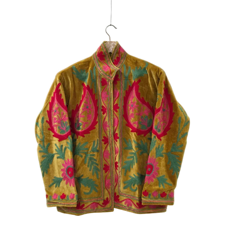 Suzani Bestickter Paisley Samt Senfgelbe Jacke - VT20