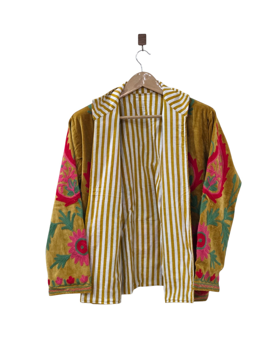 Suzani Embroidered Paisley Design Velvet Mustard Yellow Jacket - VT20