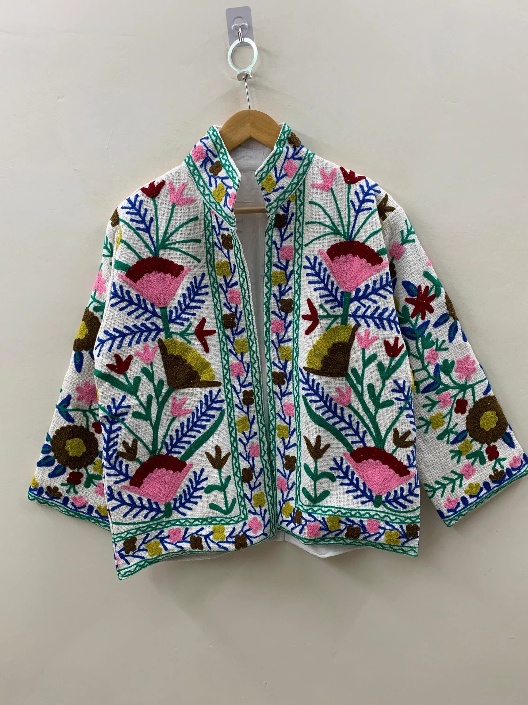 Handmade White TNT Suzani Jacket – Colorful Boho Floral Coat - TNT30