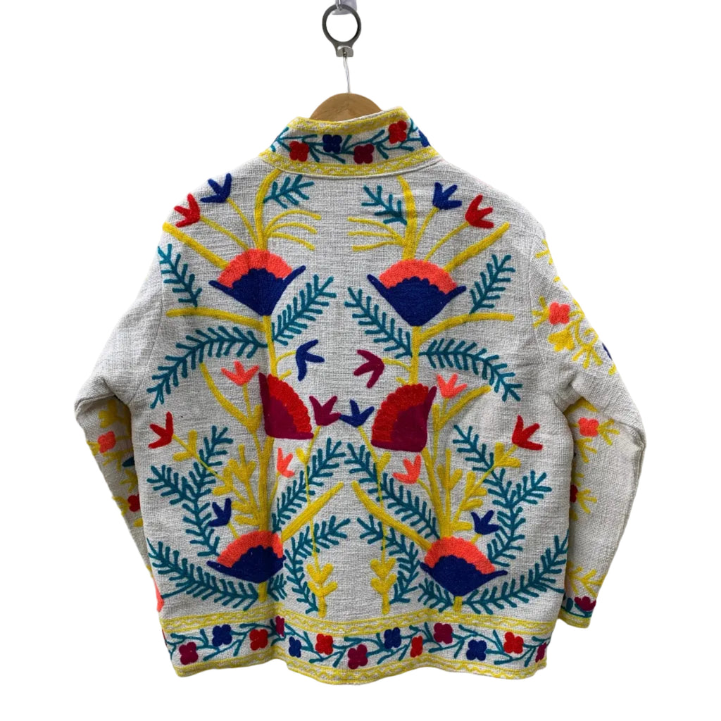 Handmade White TNT Suzani Jacket – Colorful Boho Floral Coat - TNT31