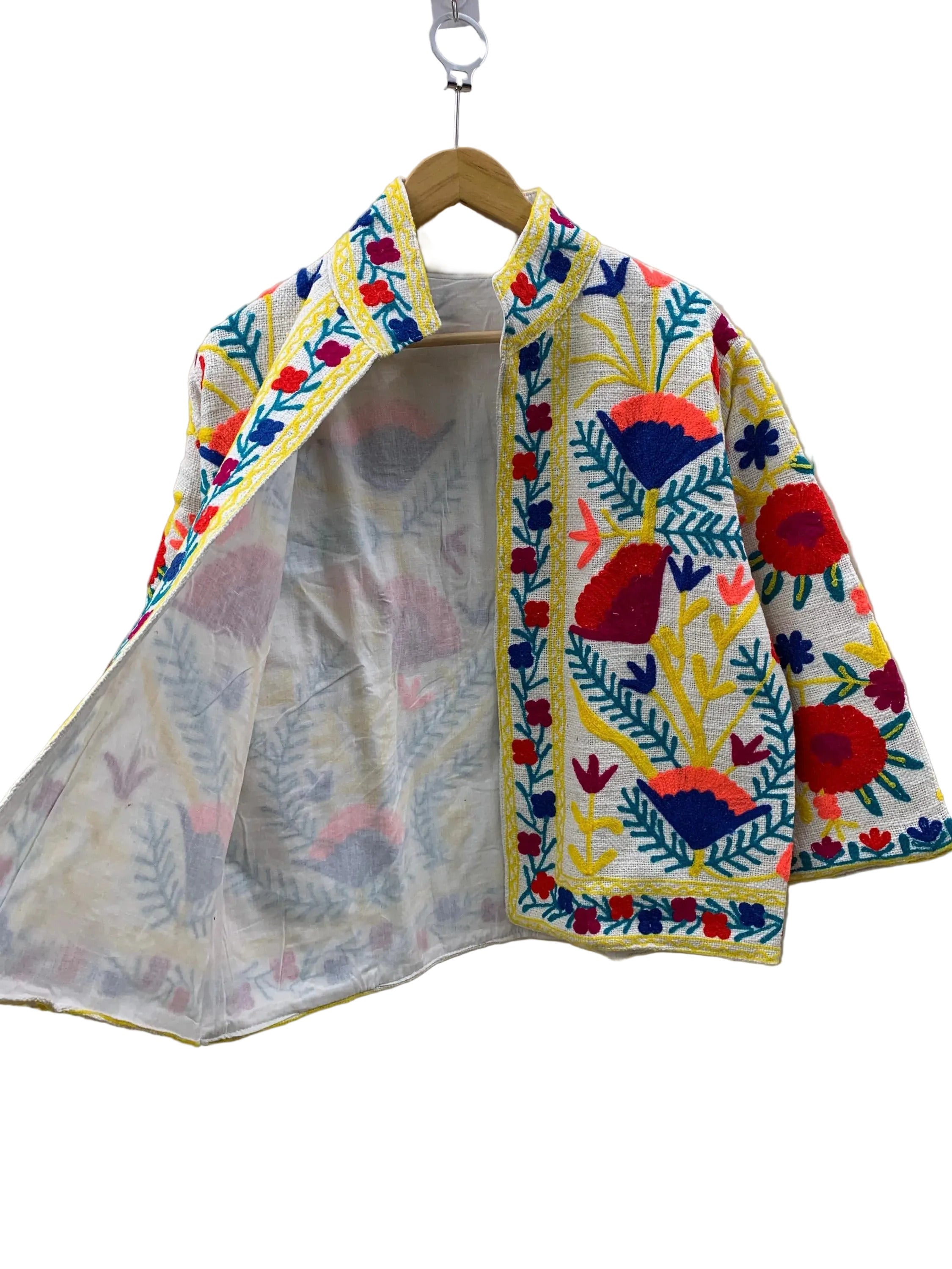 Handmade White TNT Suzani Jacket – Colorful Boho Floral Coat - TNT31