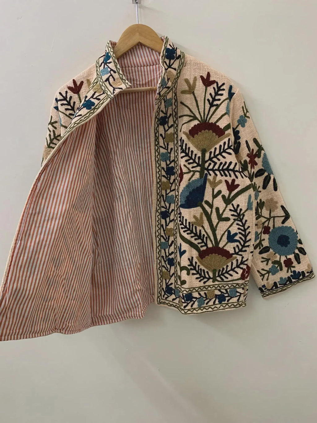Beige Embroidered Suzani Jacket | Handmade Boho Unisex Coat - TNT32