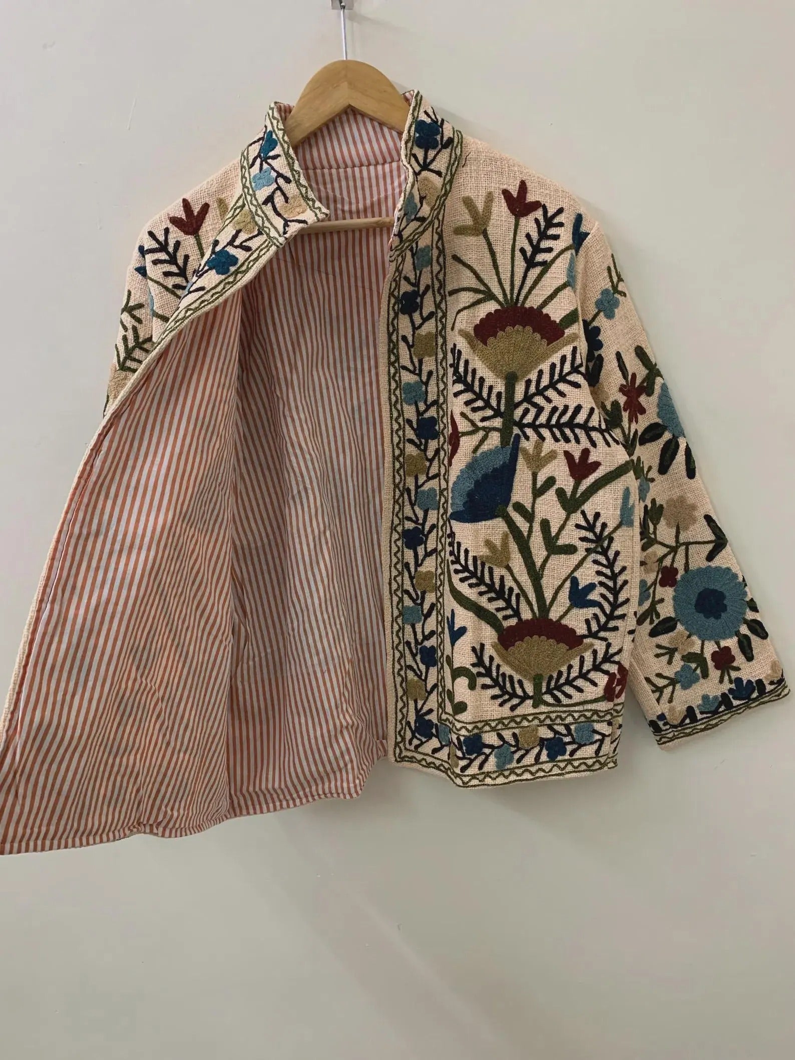 Beige Embroidered Suzani Jacket | Handmade Boho Unisex Coat - TNT32