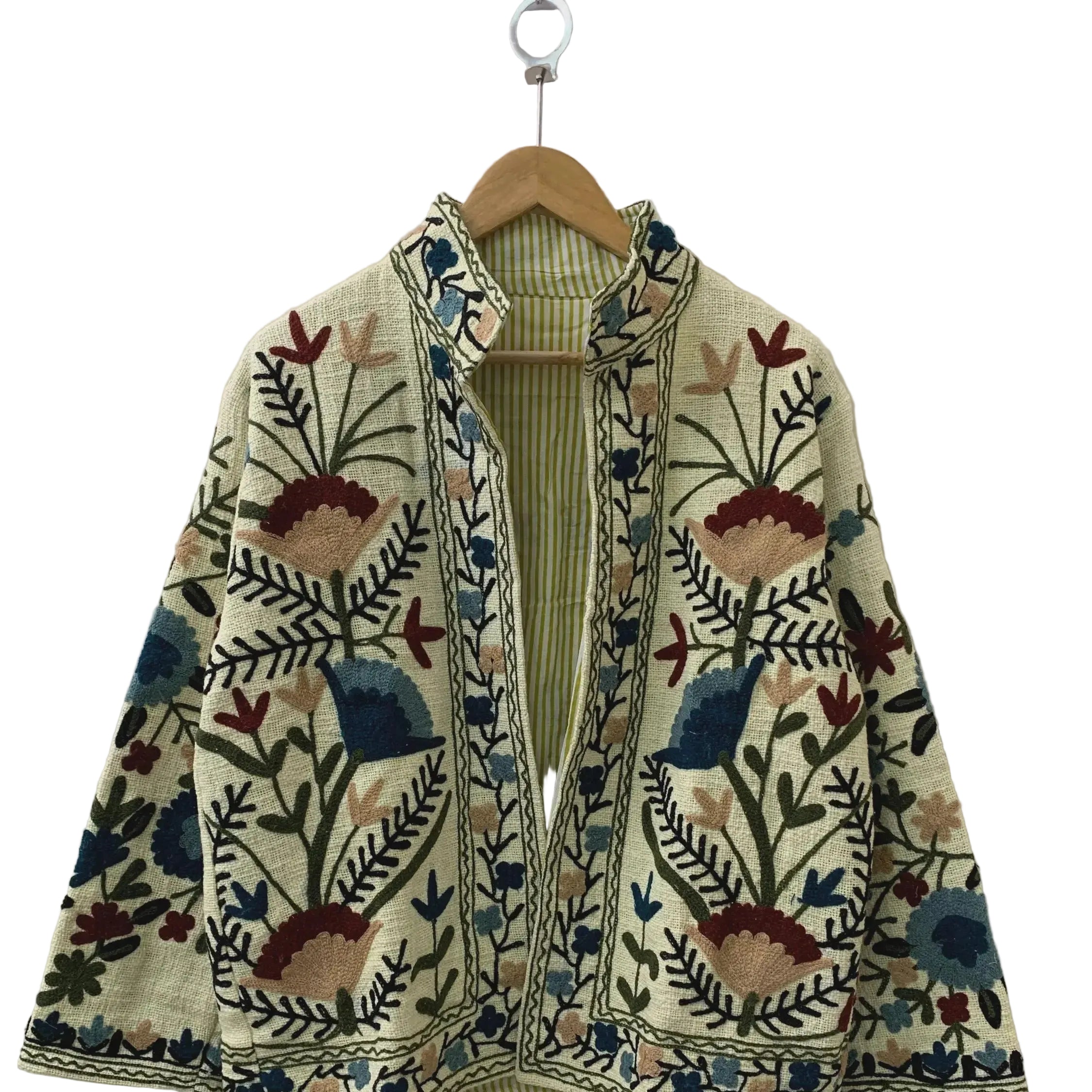A Neutral Canvas for Earthy Bohemian Art
Bring a beautifully textured and highly artistic layer to your everyday style with our Handmade TNT Suzani Embroidered Jacket. Crafted on a versatile, cream-colored textured TNT cotton canvas, this open-front jacket provides a clean, neutral backdrop that makes its earthy embroidery truly stand out. The symmetrical front panels showcase stunning high-density Suzani-style threadwork, featuring large floral fans and blooms in dusty blue, muted burgundy, and warm tan, a