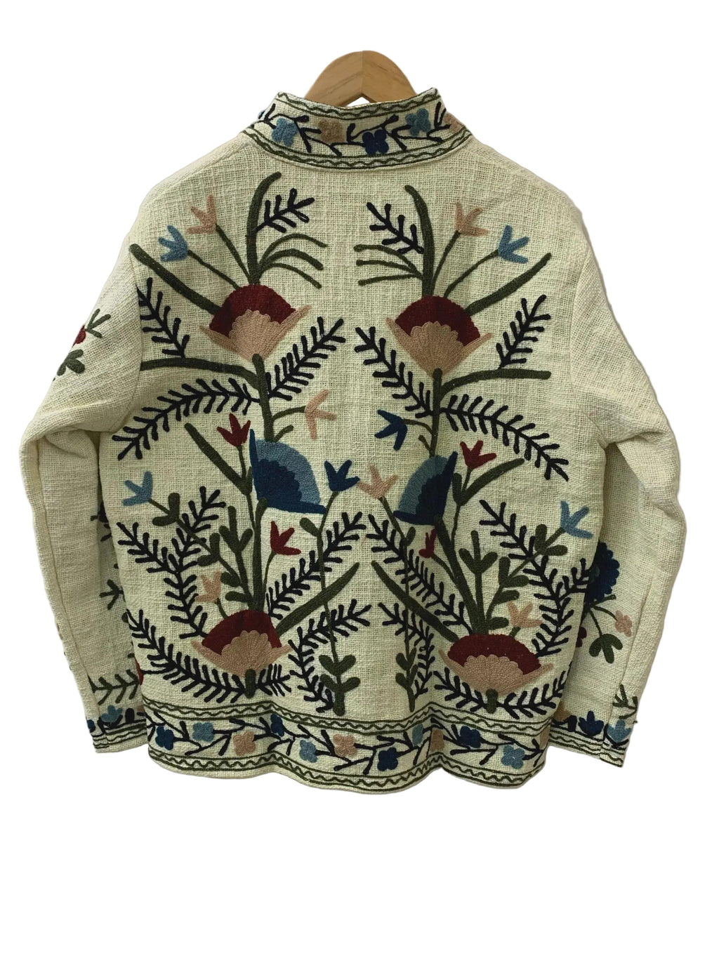 Giacca Suzani TNT Bianca e Rossa Fatta a Mano – Cappotto Boho Ricamato Botanico-TNT15
