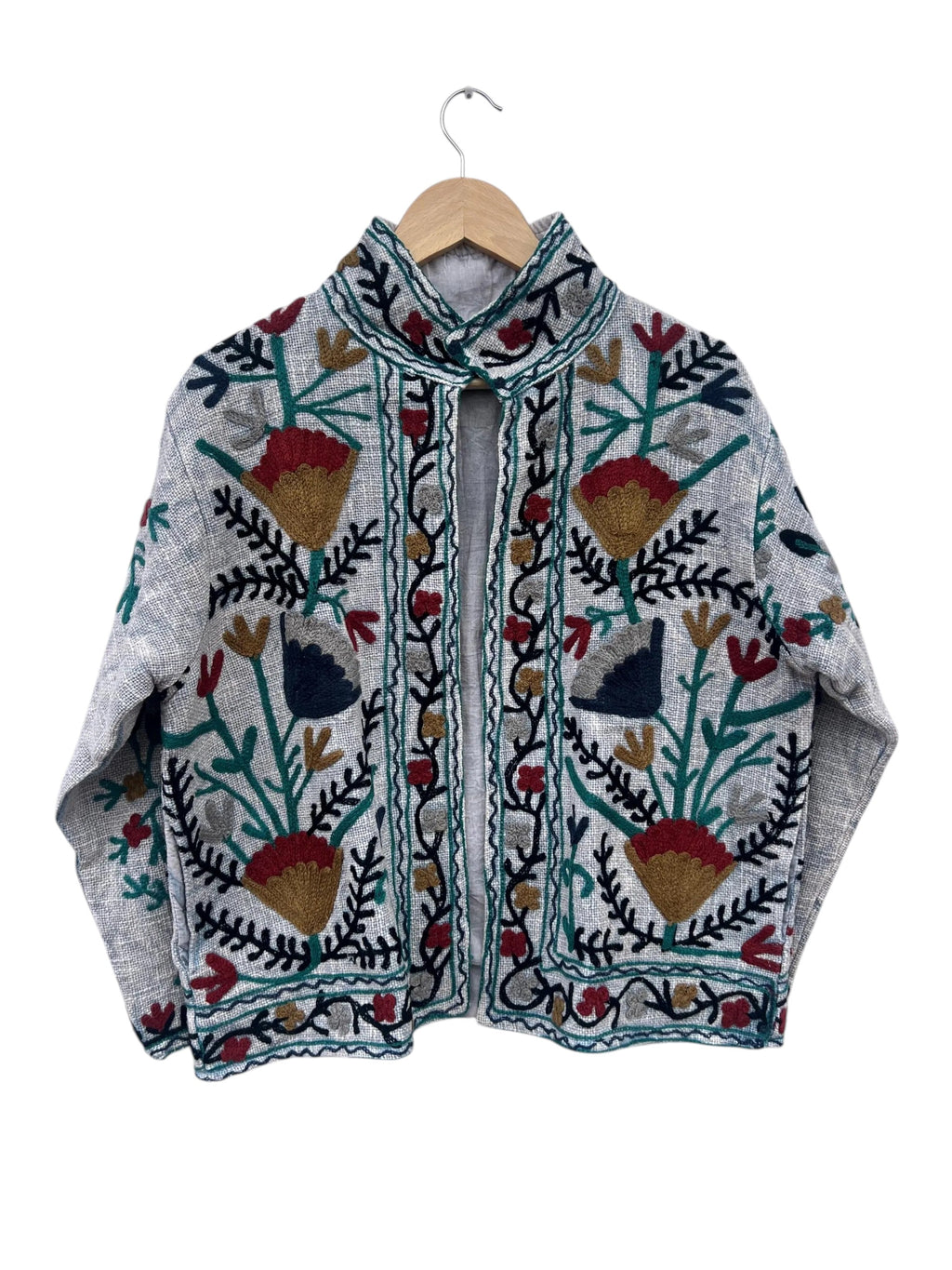 Heather Grey gewebte Blumen-TNT-Jacke | Bohemian Statement Mantel - TNT03