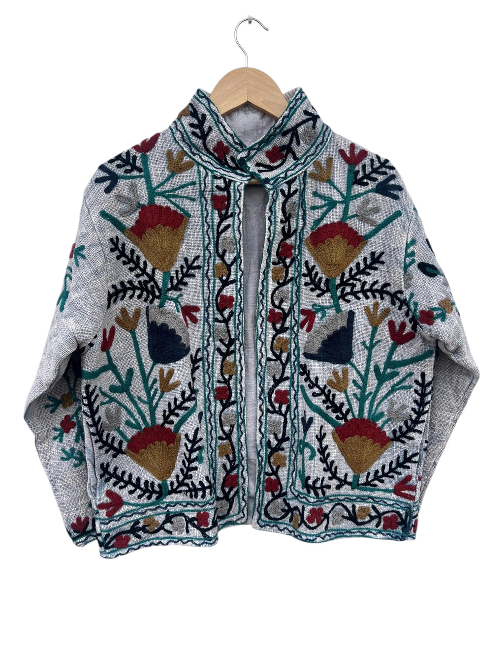 Heather Grey gewebte Blumen-TNT-Jacke | Bohemian Statement Mantel - TNT03