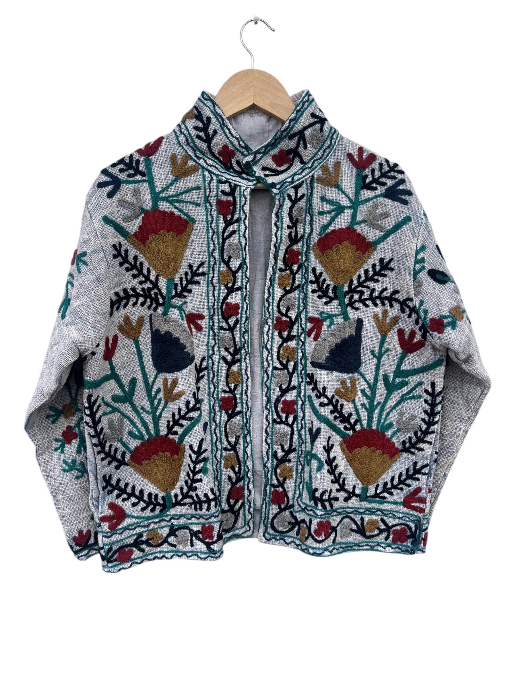 Heather Grey gewebte Blumen-TNT-Jacke | Bohemian Statement Mantel - TNT03
