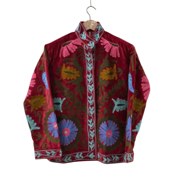 Red Hand Embroidered Suzani Velvet Unisex Jacket - VT24