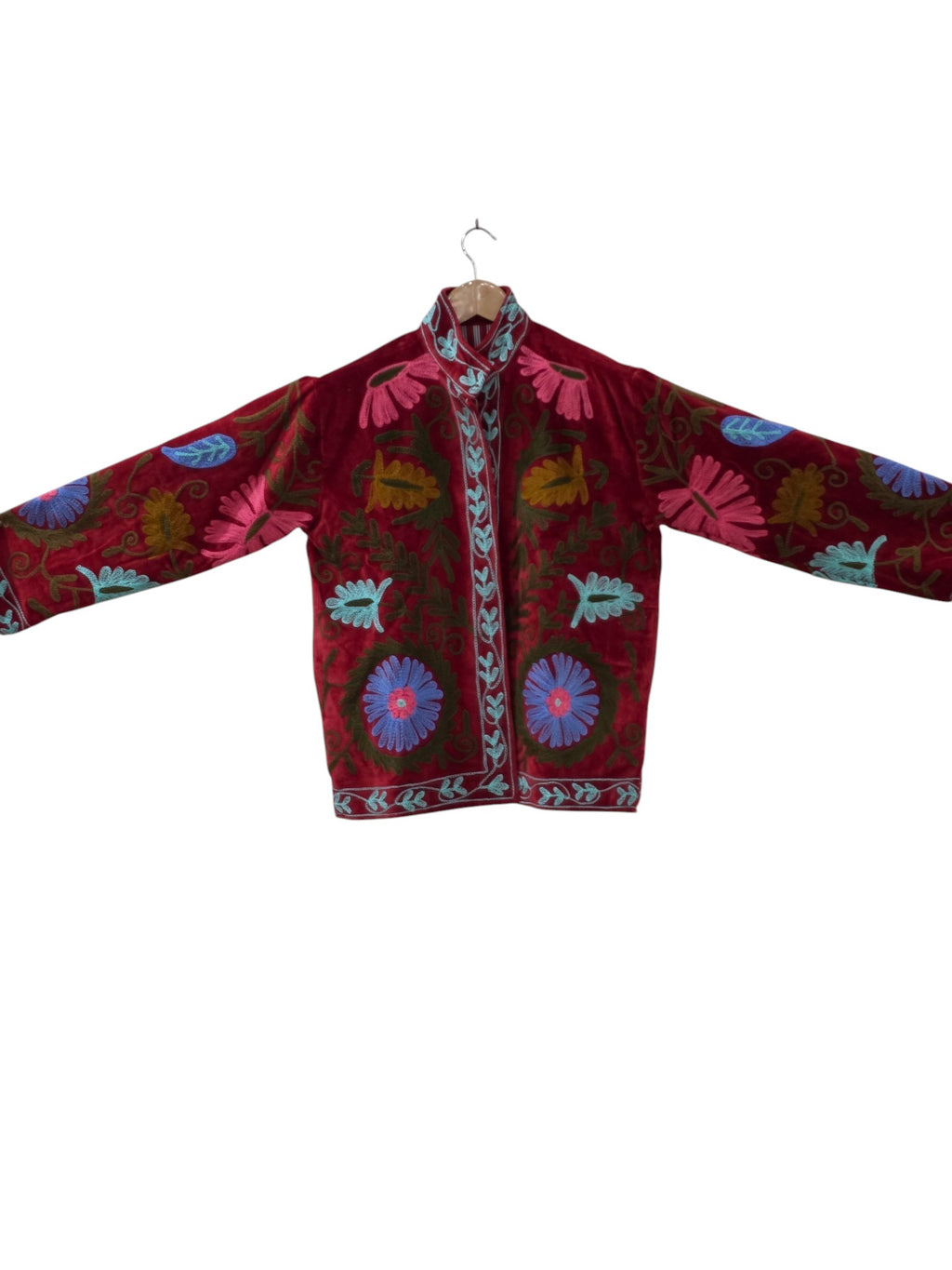 Red Hand Embroidered Suzani Velvet Unisex Jacket - VT24