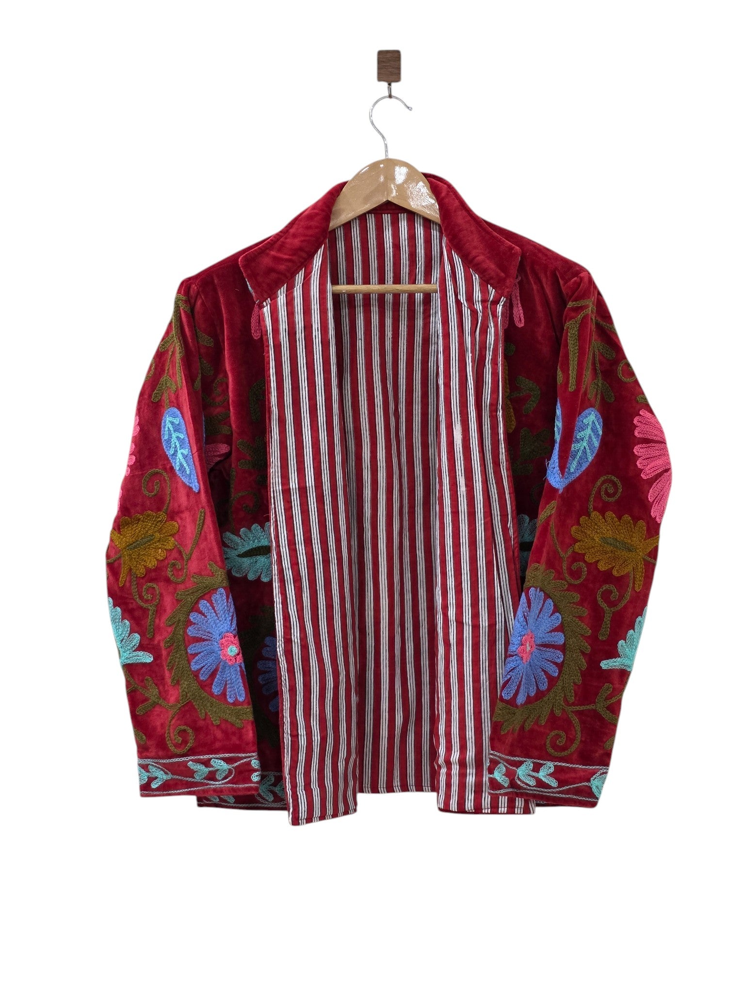 Red Hand Embroidered Suzani Velvet Unisex Jacket - VT24